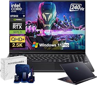 acer Predator Helios Neo 16S AI ゲーミングノートパソコン - 16インチ 2.5K WQXGA 240Hz 2ms OLEDディスプレイ Intel Ultra 9 275HX NVIDIA RTX 5070Ti 12GB GDDR7 RGB KB Win 11 Pro、アクセサリー付き(64GB DDR5、4TB SSD)。