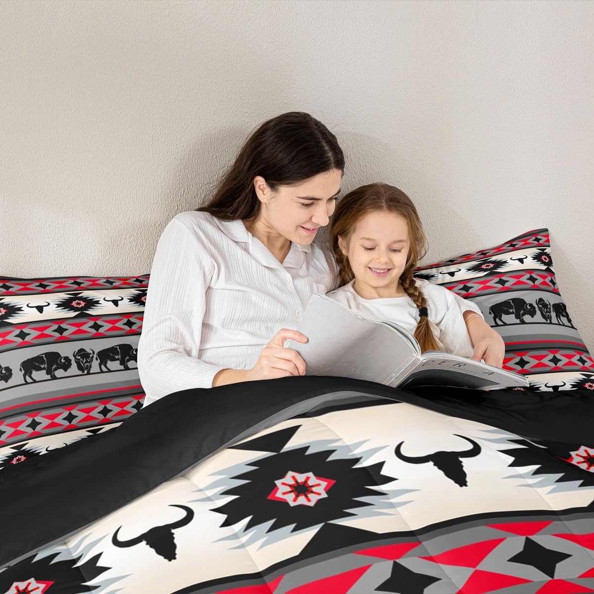 Aztec Bedding Set Full,Highland Cow Comforter Set Cowgirl Cowboy Bull Cattle Southwest Native Duvet Insert Indian Tribal Geometric Bed Quilt Tribe Farm Animals Boho Western Decor Black Red Grey