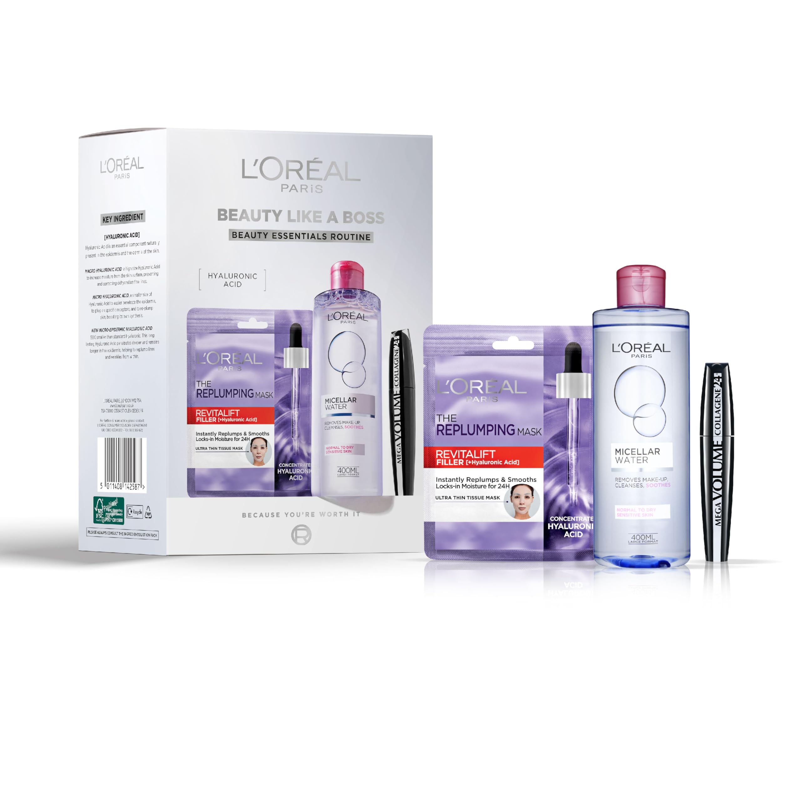 L'Oreal Paris Beauty Like a Boss Giftset, Skincare Routine Powered by Hyaluronic Acid; Micellar Water + Replumping Tissue Mask + Mega Volume 24hour Collagen Mascara, Prep & Glow Everyday