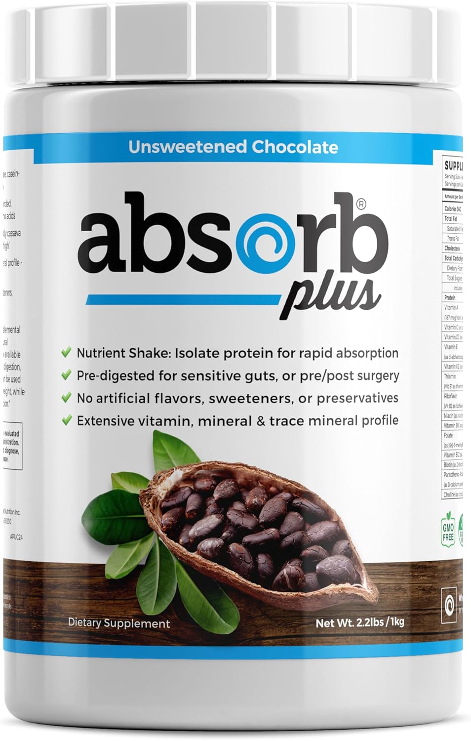Isolate Protein – Diet Supplement for Improved Gut Health, Extra Nutritional Support, Non-GMO, Gluten-Free, Lactose-Free, Casein-Free (2.2 Lbs, Unsweetened Chocolate)