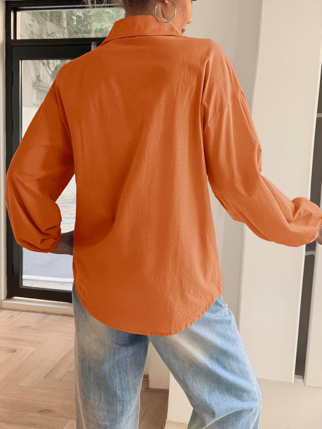 Cicy Bell Womens Oversized Linen Button Down Shirts Puff Long Sleeve Collared V Neck Cotton Blouses Loose Fit Tops - Image 7