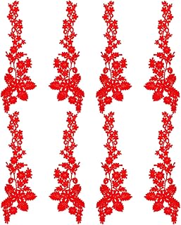 4 Pairs Long Flower Lace Applique, Vintage Sewing Patches, Floral Embroidered Patches for Wedding Bridal Dress,Veil, Hat,Jeans,Shirt,Clothes Embellishment (Red)