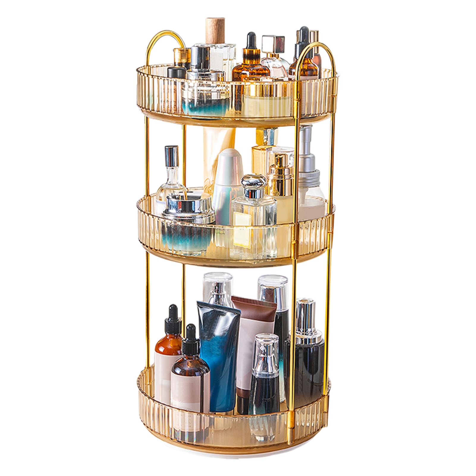BSOMAM 360 Rotating Makeup Organiser,Cosmetic Storage Skincare Makeup Spinning Holder Lipsticks Brushes Perfume Display Stand Box for Vanity Desk, Dresser, Bathroom (Orange 3Tier)