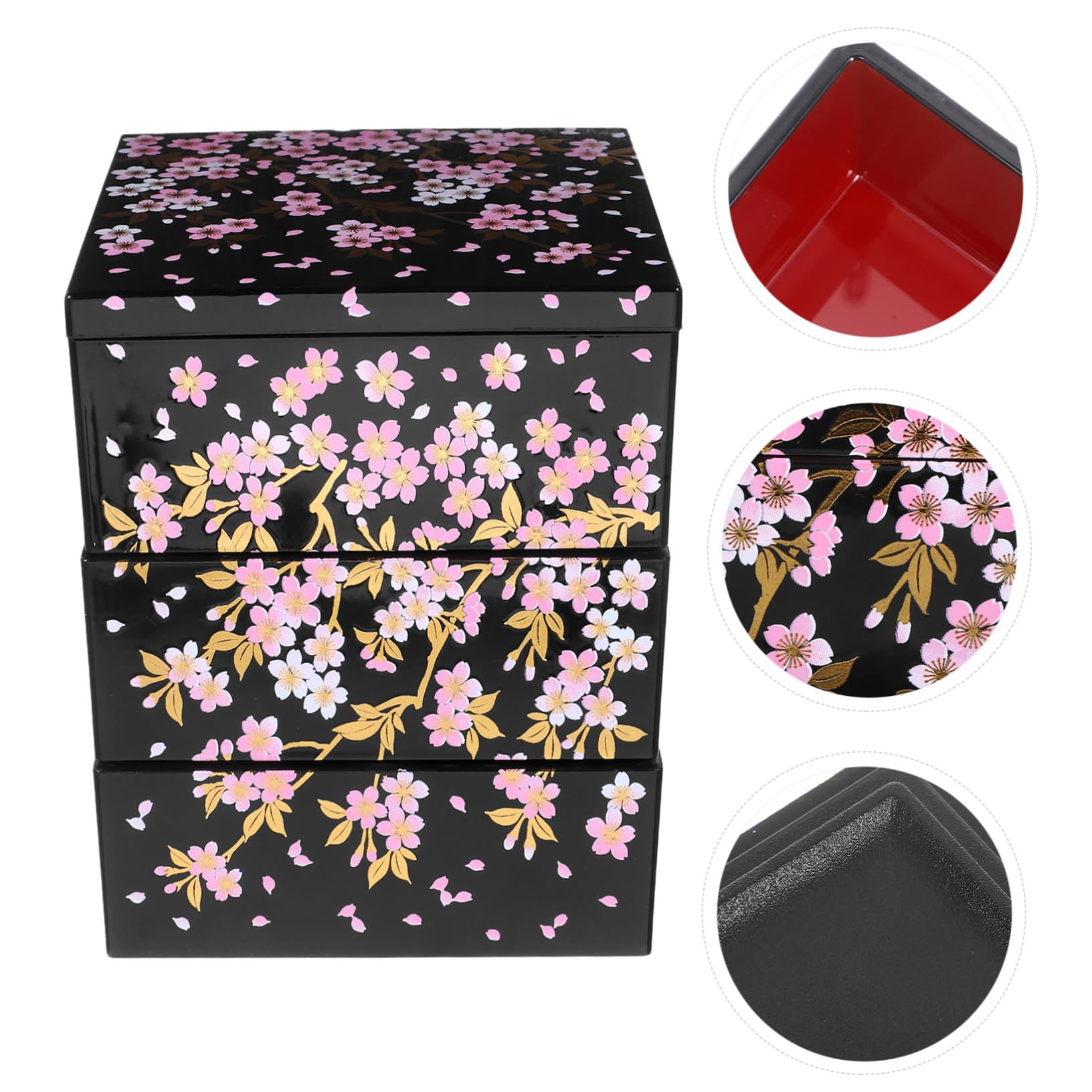 Hemobllo Boîte à Bento Japonaise à 3 Niveaux, Plateau de Service à Sushis en Abs, Motif Fleur de Cerisier, pour Pique-niques et Réunions