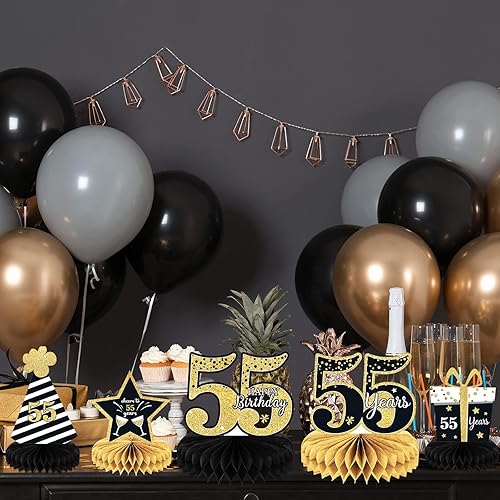 Miniatura 5 de 9 piezas de decoración de cumpleaños número 55 para centros de mesa de cumpleaños 55 para decoración de mesas, decoraciones de nido de abeja de 55