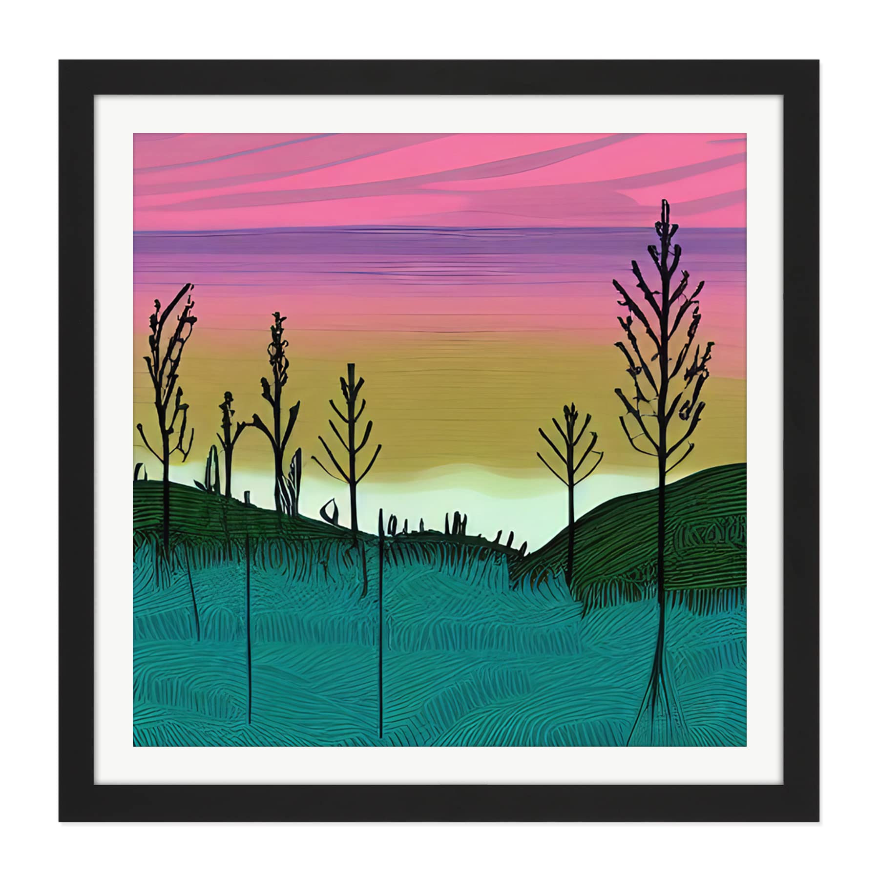 Wee Blue Coo Forest Hill Sunset Sunrise Sky Landscape Painting Pink Purple Green Teal Square Wooden Framed Wall Art Print Picture 16X16 Inch