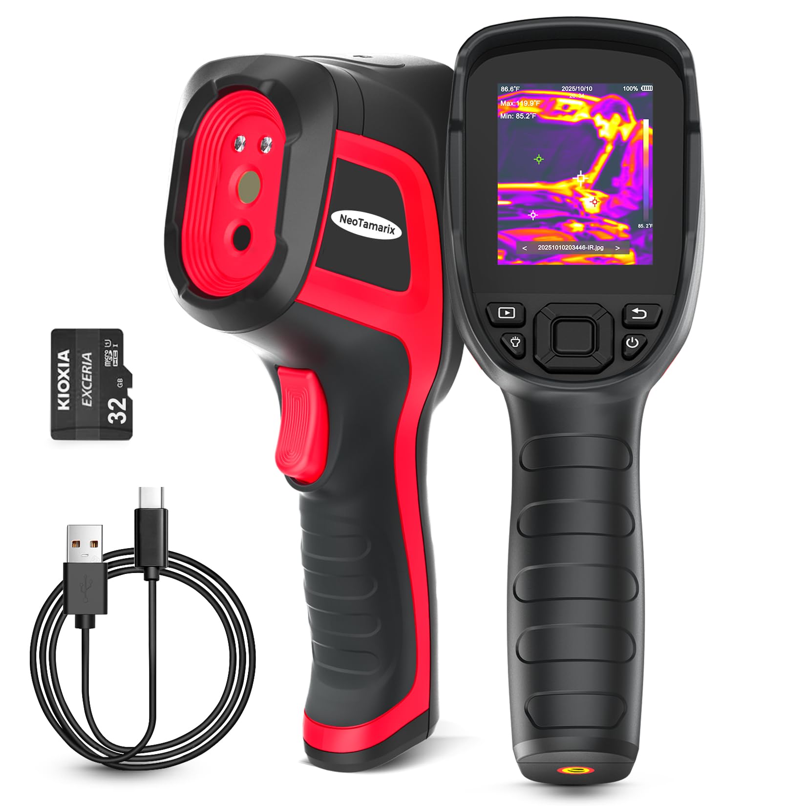 Kamera termowizyjna na podczerwień 256 x 192, rozdzielczość 512 x 384 TISR, 12-godzinna żywotność baterii i kamera wizualna 2 MP, ręczny termowizyjny do kontroli domu z kartą SD 32 GB