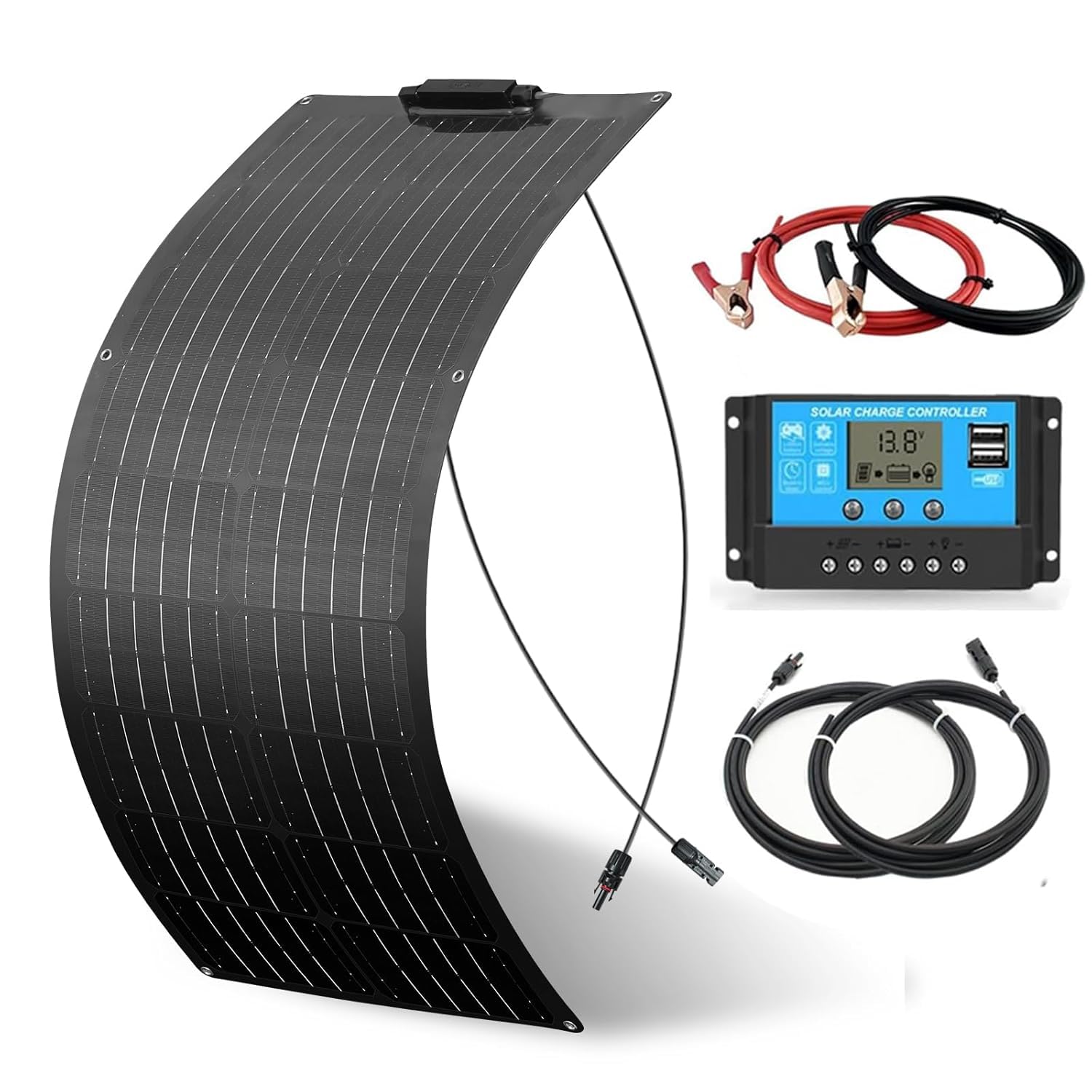 Set di pannelli solari flessibili da 50 W, 12 V, pannello solare monocristallino + 10 A, 12 V/24 V, regolatore di carica solare + cavo solare, impianto camper, set completo da 12 V, per batterie, case