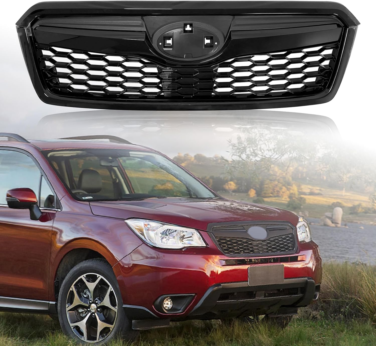 Front Bumper Gloss Black Grille Replacement Shroud Front Honeycomb Air Intake Grill Replacement Kit Compatible with 2014-2018 Subaru Forester