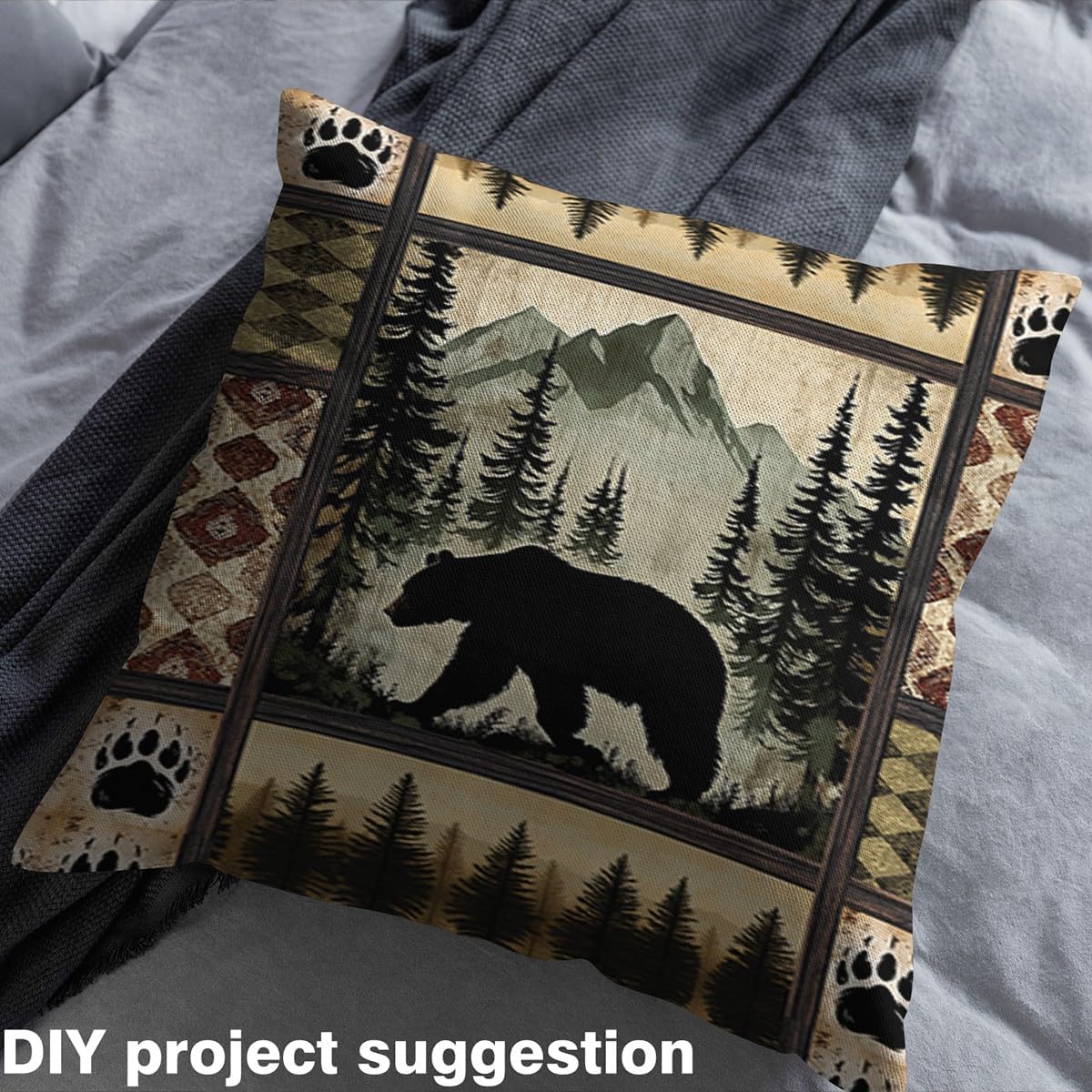 Erosebridal Rustic Bear Fabric by The Yard Vintage Farmhouse Cabin Upholstery Fabric for Women Sewing Woodland Animals Waterproof Material Hunting Theme Wildlife Room Decor,5 Yards,Green Black