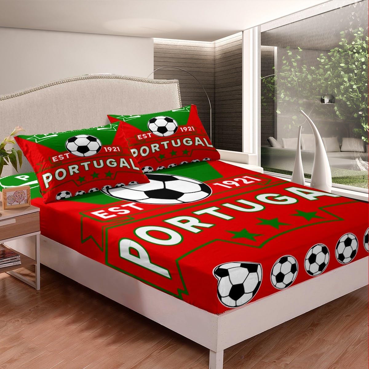 Feelyou Football Sport Bedding Sheets Queen Soccer Theme for Kids Boys Bed Sheet Set Portugal Teens Fitted Sheet Red Green Bed Cover 3Pcs,1 Fitted Sheet+2 Pillow Sham（No Flat Sheet）