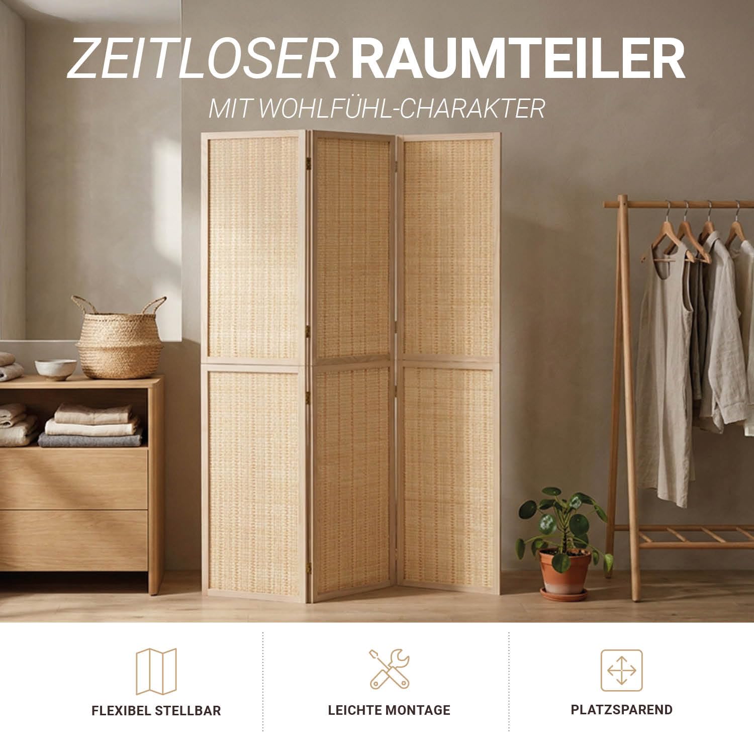 Homestyle4u Paravent 3-teilig aus Holz & Bambus, 120x170 cm