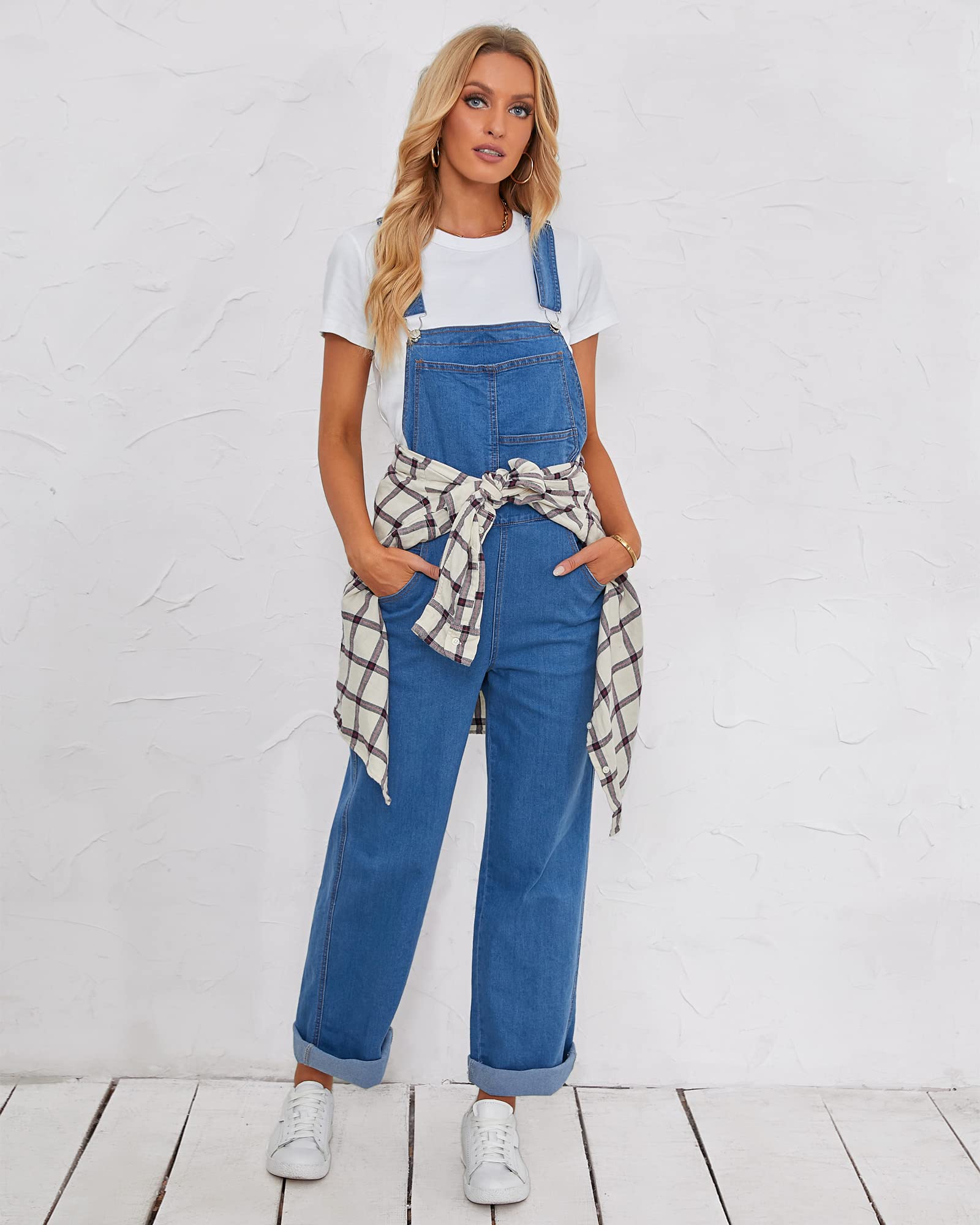 Roskiky Salopette en jean pour femme - Coupe ample - Coupe ample - Coupe droite - Jambes larges - Stretch - Mode