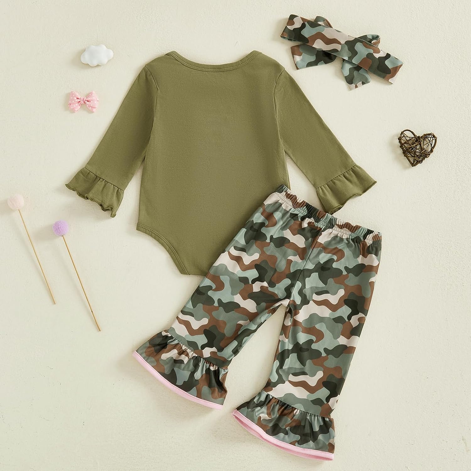 Newborn Baby Girl Hunting Clothes Deer Long Sleeve Romper Jungle Camo Flare Pants Set 3 Piece Fall Winter Outfit - Image 5