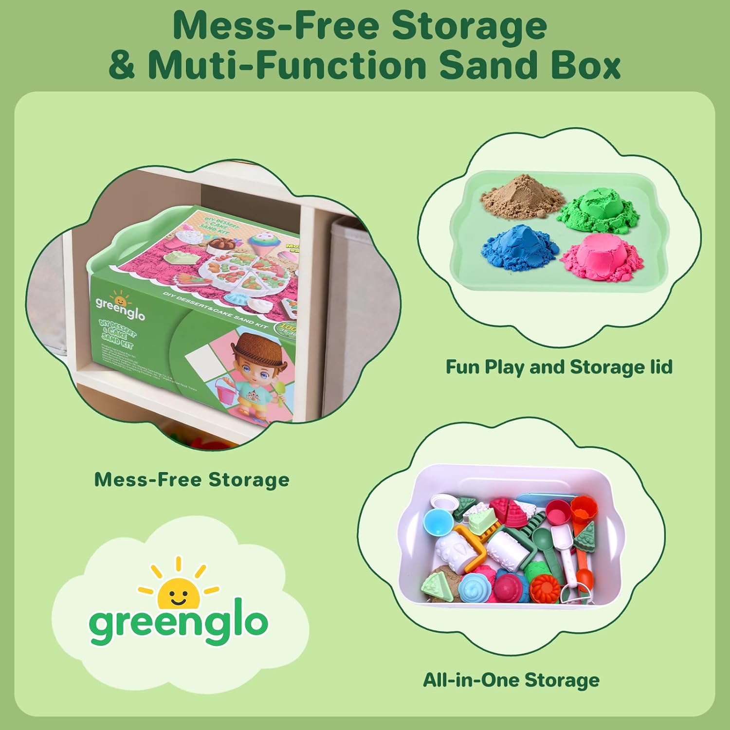greenglo Kids Sensory Sand Playset - 2.2 LBS Colored Sand (1* Soft Magic, 3* Firm Modeling) with 23 Cake & Dessert Molds w Sensory Bin, Educational Sand Kit for Toddlers & Kids Ages 3-8