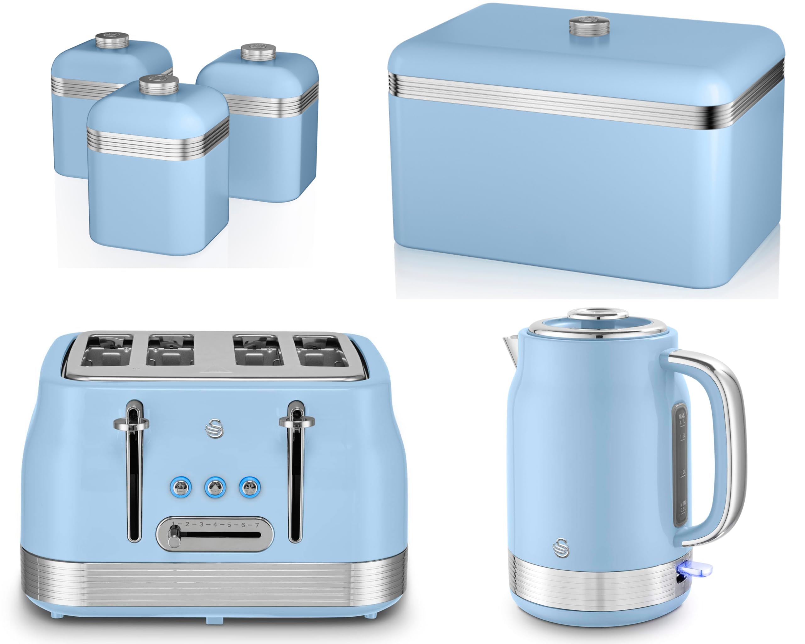Swan Products Ltd Blue Swan Retro Revive 1.7L 3Kw Jug Kettle, 4 Slice Toaster, Retro Breadbin And Canisters Kitchen Storage. Matching Retro Kitchen Set In With Chrome Accents