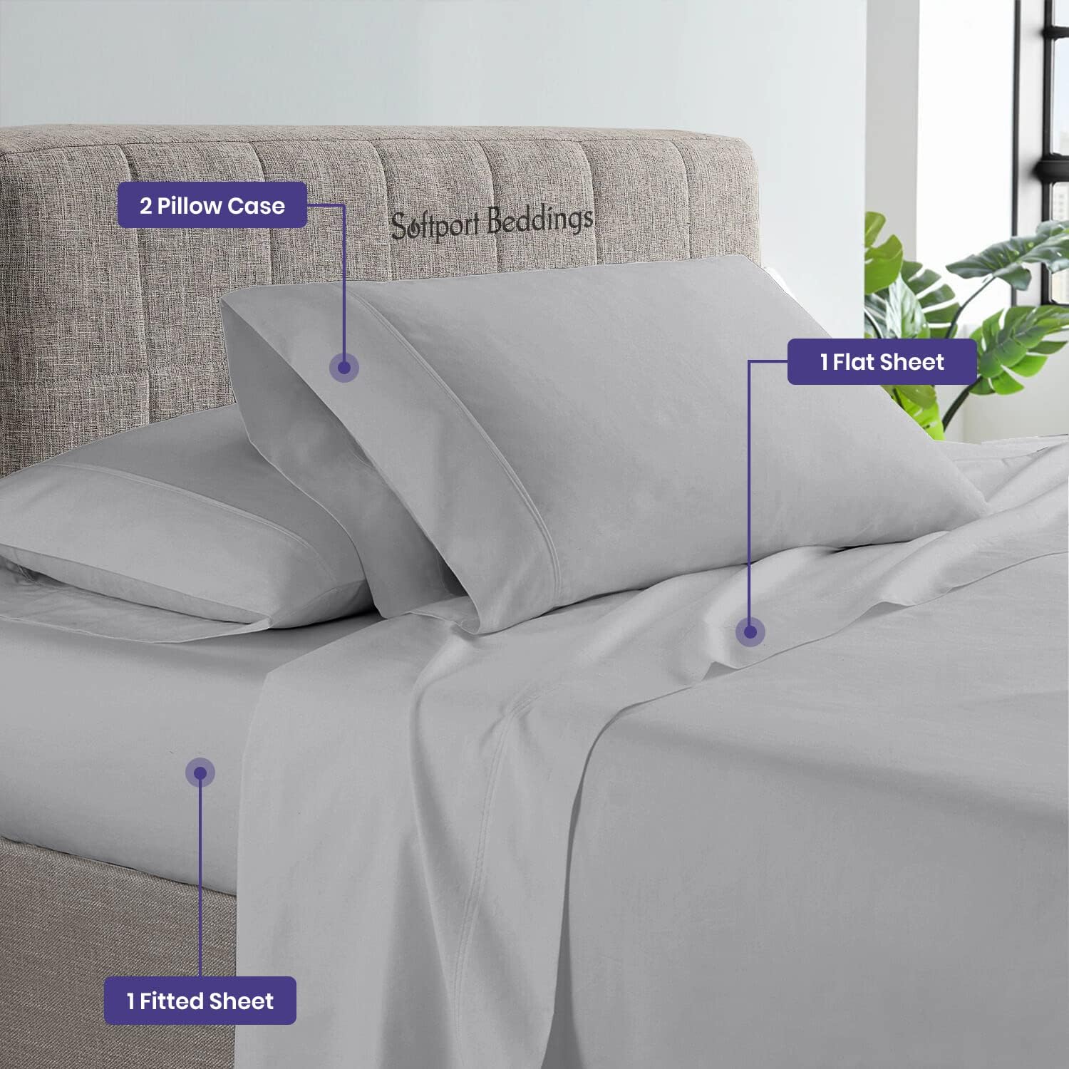 Family King 120x80 Size Luxurious 600 Thread Count Soft & Silky Feel Long Staple 100% Egyptian Cotton Sheet Set, Fits Mattress Up to 12 inches Deep Pocket Sheet Set Silver Color