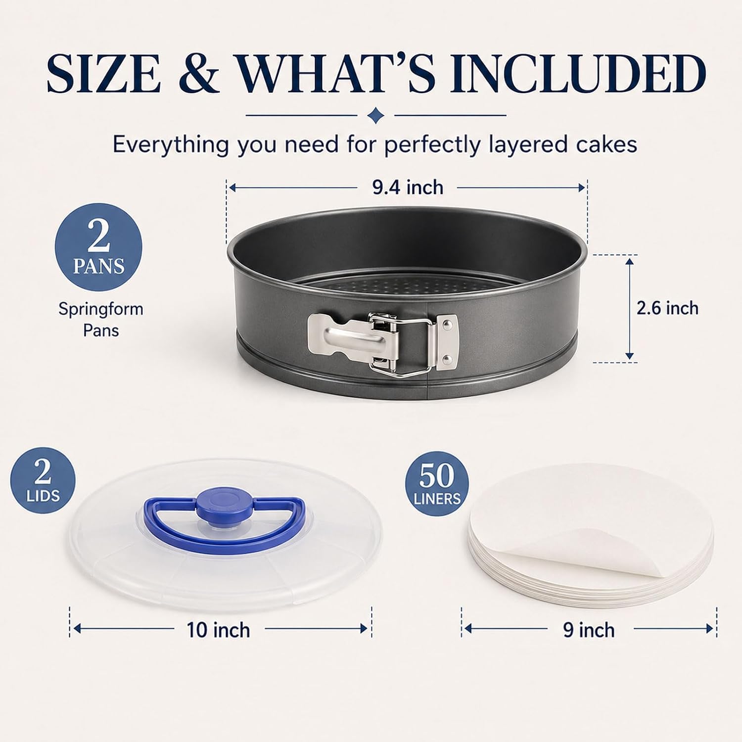 Springform Pan 9 Inch Set of 2 with Carriers, Heavy Duty Carbon Steel Cheesecake Pan with Leakproof Removable Bottom and Clear Handle Lids, 50 Pcs Round Parchment Paper Sheets for Cake Transport
