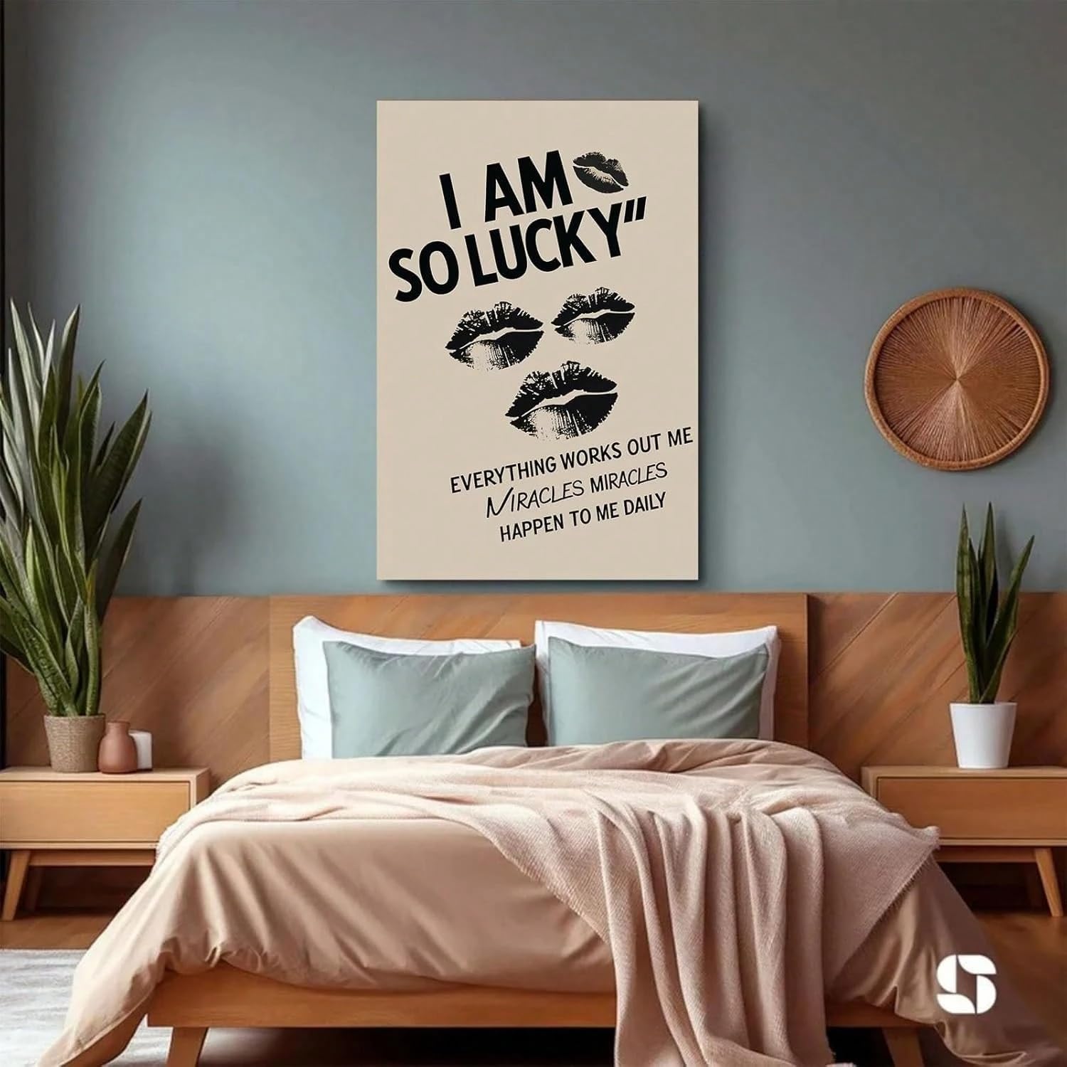 AIHNBF Positive Affirmation Wandbild I Am So Lucky Typografie Kunstdruck Inspirierende Zitate Leinwand Poster Ästhetische Lippen Grafik Moderne Wohndeko für Schlafzimmer Büro Studio 50x75cm