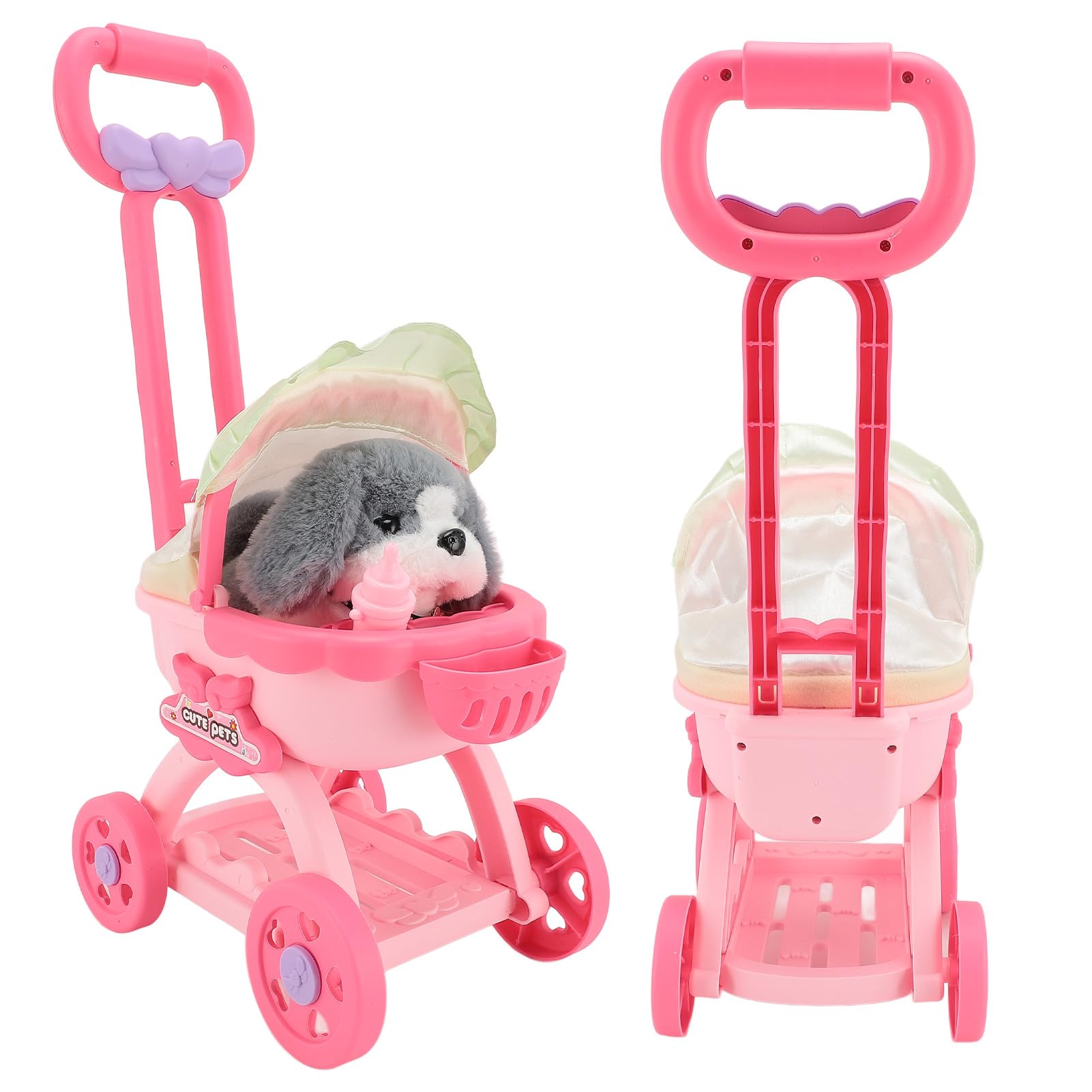 Pet Doll Stroller Toy Pretend Play Dog Large Push Cart Educational Toy for Boys Girls Children (Husky), Pink - Image 4