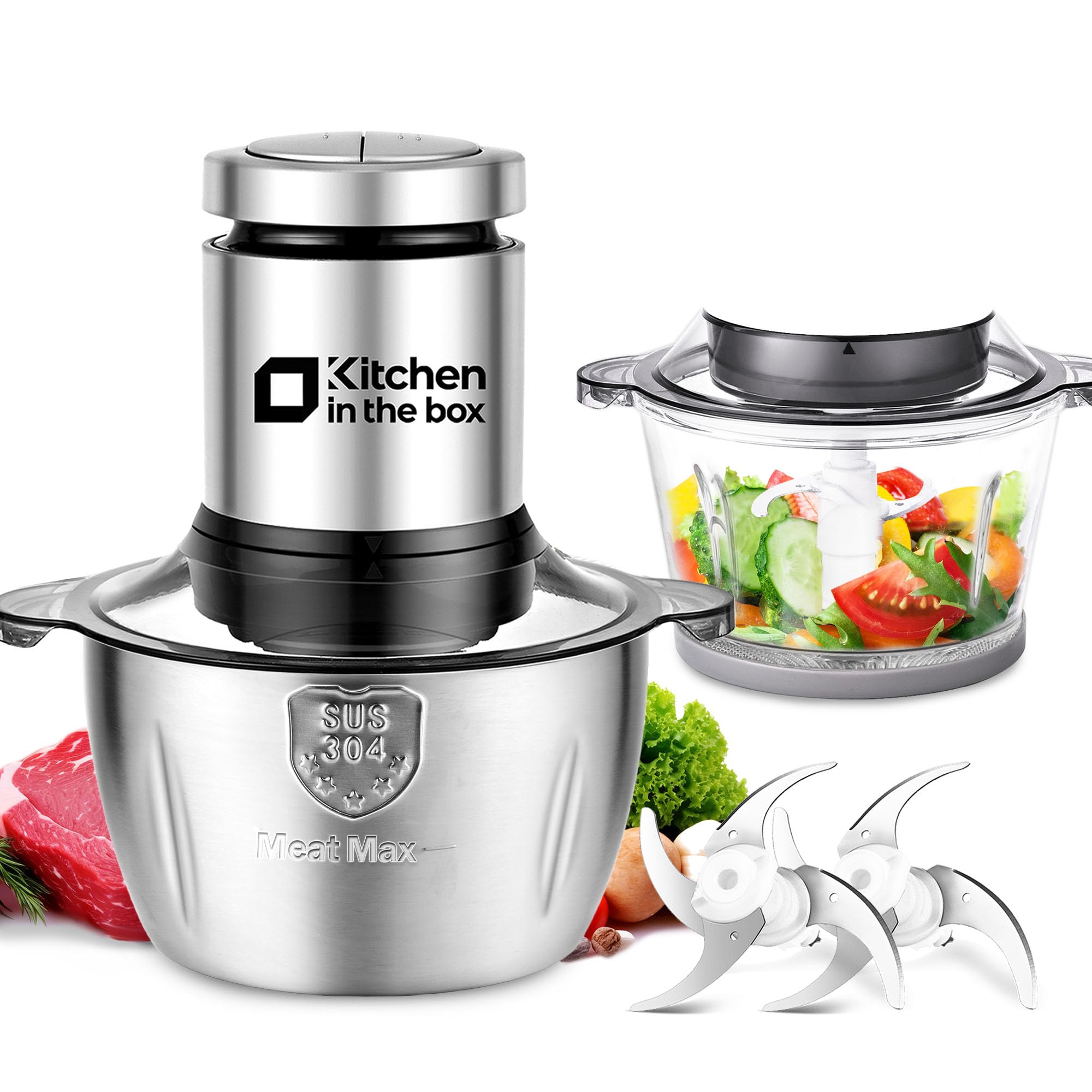 Kitchen in the Box Zerkleinerer Küche Elektrisch 400W Multizerkleinerer, fleischwolf mit 2 Schüsseln (1L Glasschüssel+2L Stahlschüssel) und 2 Bi-Level Klingen, Zerkleinerer für Gemüse,Zwiebeln,Fleisch