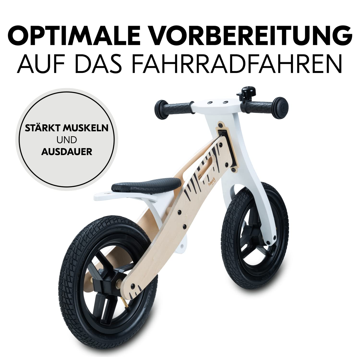 hauck Kinder Laufrad Balance N Ride ab 2 Jahre bis 20 kg, Holz Laufrad, Sattel Höhenverstellbar, Rutschrad mit 12 Zoll Lufträder, Klingel, Tragegriff, ohne Pedal (Zebra)