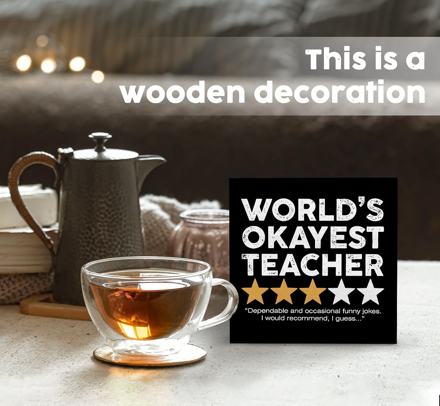 Funny Teacher Gifts Decor Signs, Teacher Appreciation Gifts, World's Okayest Teachers Wooden Box Sign for Office Workplace Home Bedroom Desk Table Shelf 5x5 Inch image 2
