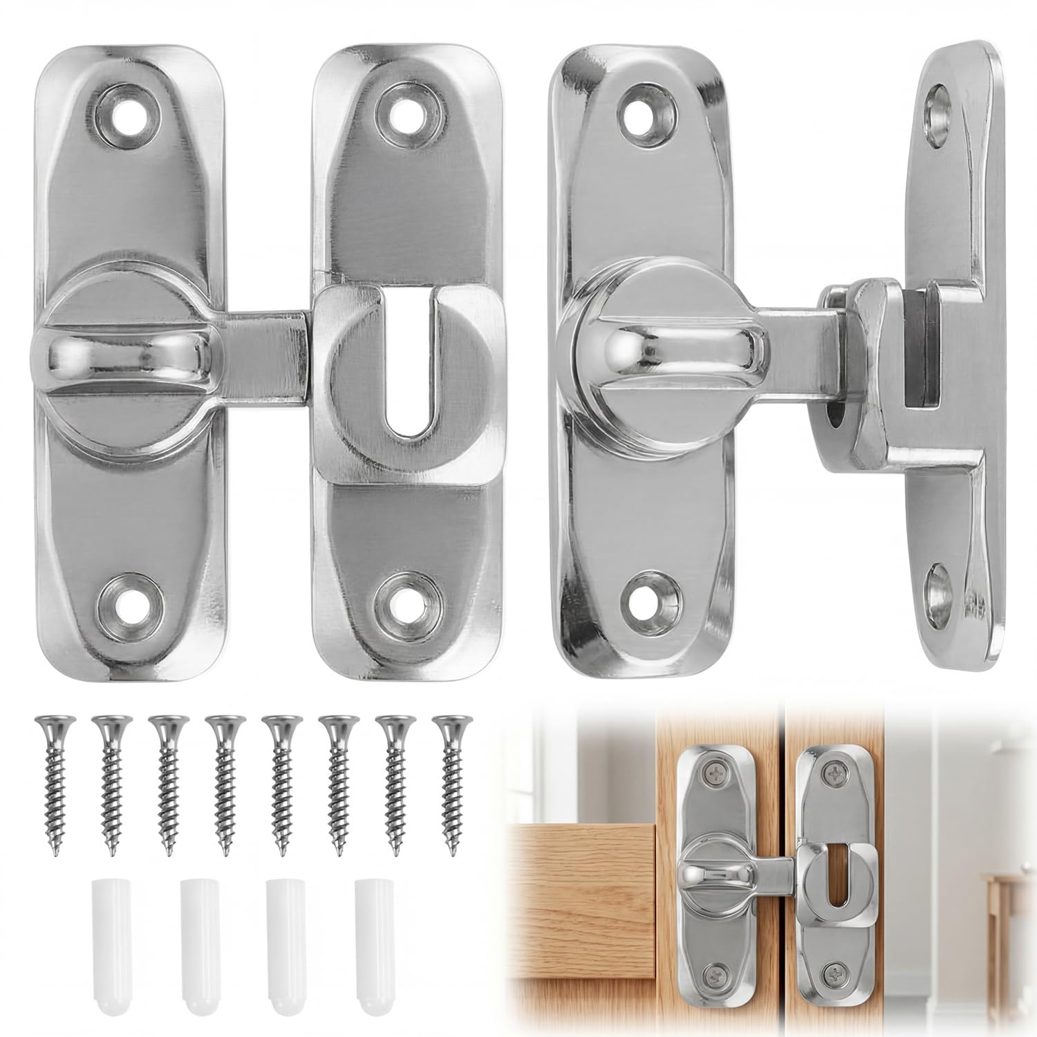 2 Pcs Silver Brushed Steel Slide Door Lock Heavy Duty Gate Latch Security Door Bolt for Barn Door Cabinet Garden Shed Interior Exterior