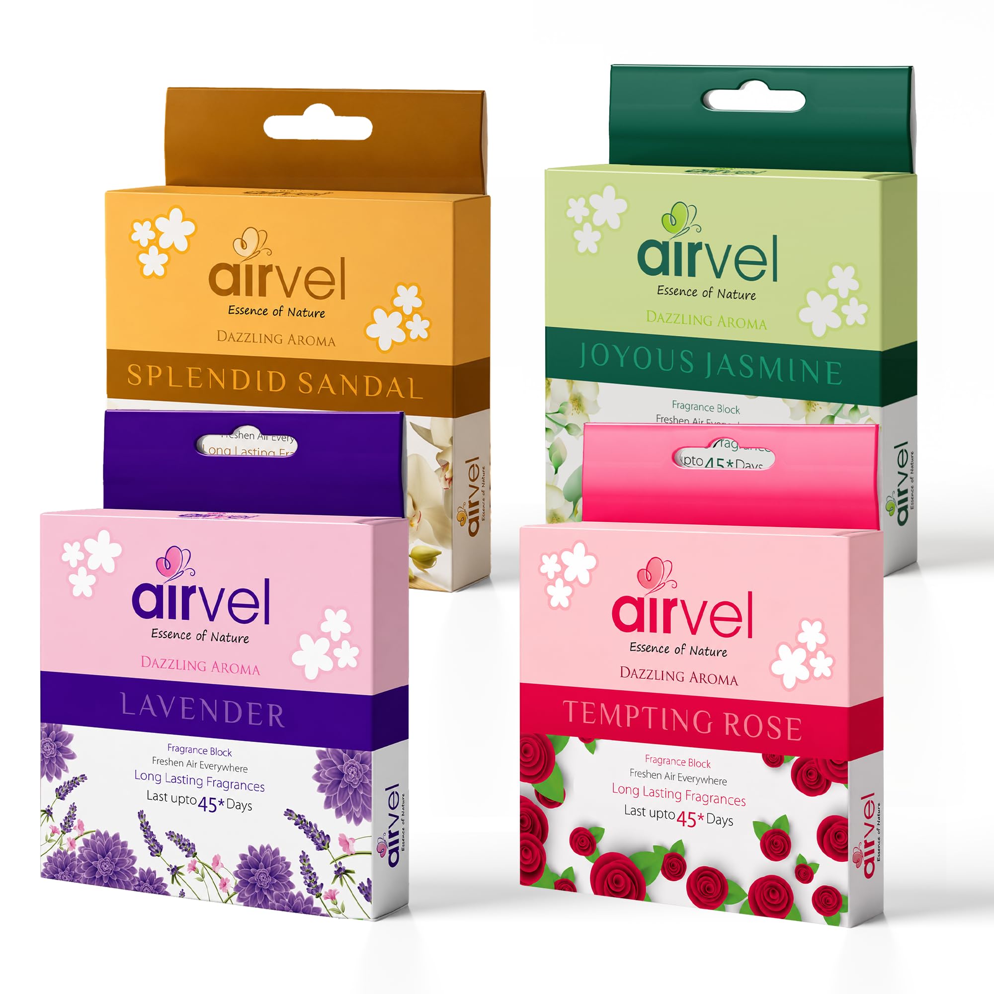 Airvel Air Freshener Blocks for Bathroom & Home | Long Lasting Jasmine, Rose, Lavender & Sandalwood Fragrance | Odor Neutralizer for Cupboard & Small Spaces | 75 g Each Pack Of 4