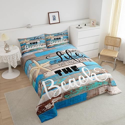 Miniatura 3 de Juego de edredón con temática oceánica, tamaño individual, juego de ropa de cama rústica azul de madera para mujeres, hombres, niños y niñas,