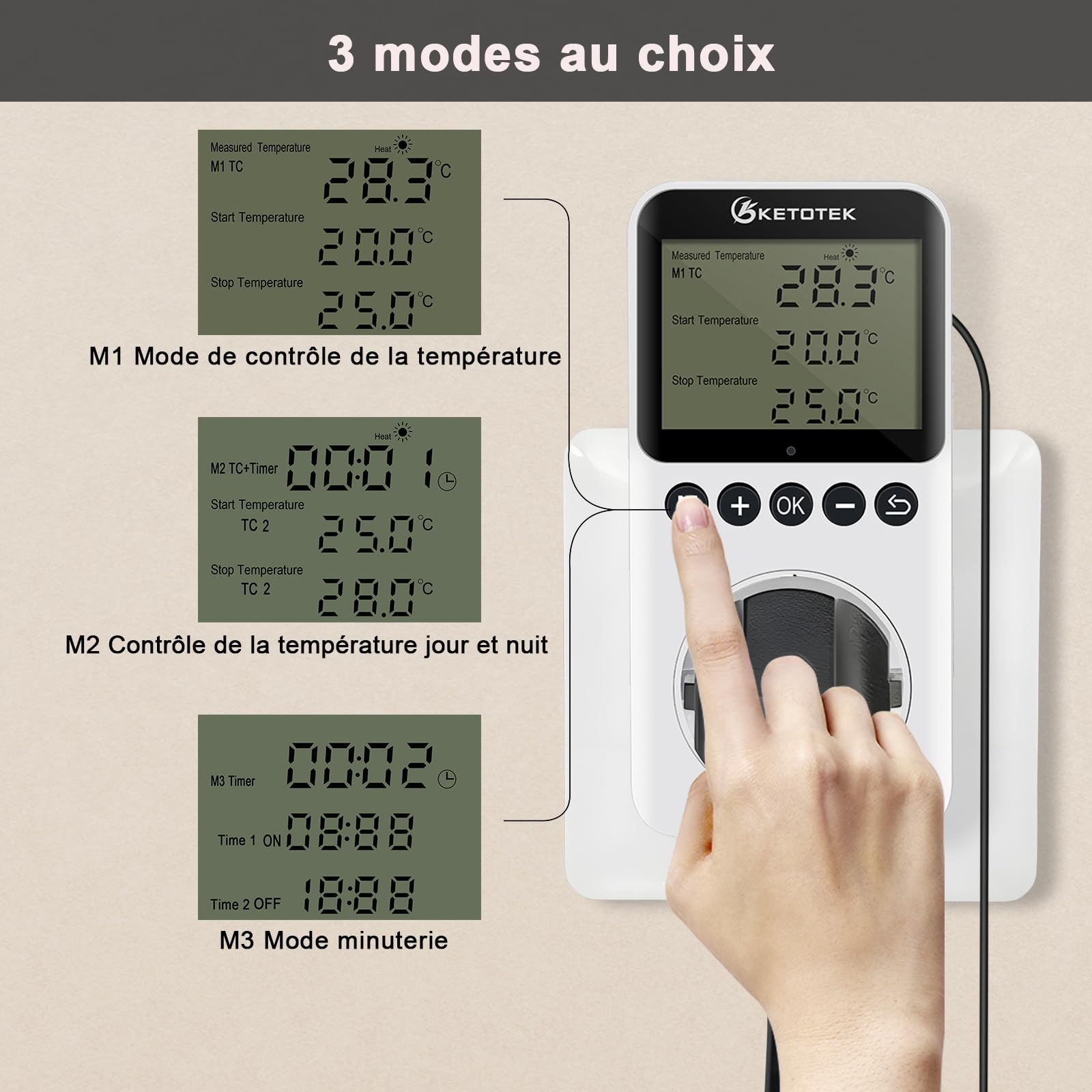 KETOTEK termostato con día/Noche Temporizador para calefacción/refrigeración, Control de Temperatura Temporizador, regulador de Temperatura Digital 220 V con sonda