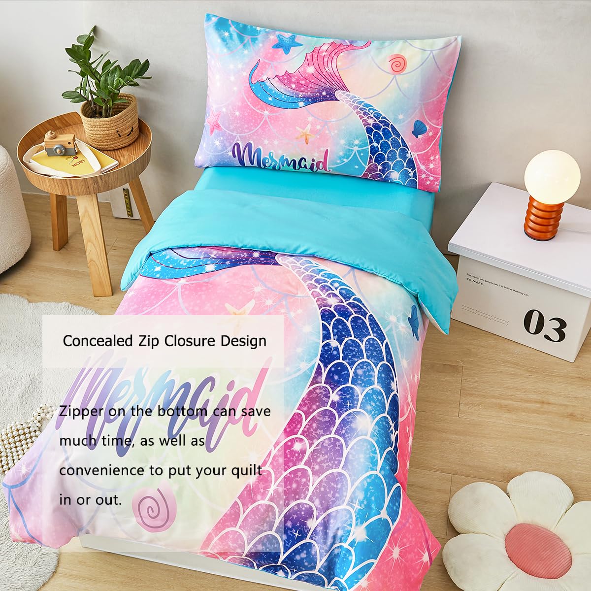 STYHO Toddler Bedding Set for Girls Colorful Rainbow Mermaid Cot Bedding Set Soft Reversible Mermaid Tail Print Toddler Duvet Cover Set(Colorful - Image 4