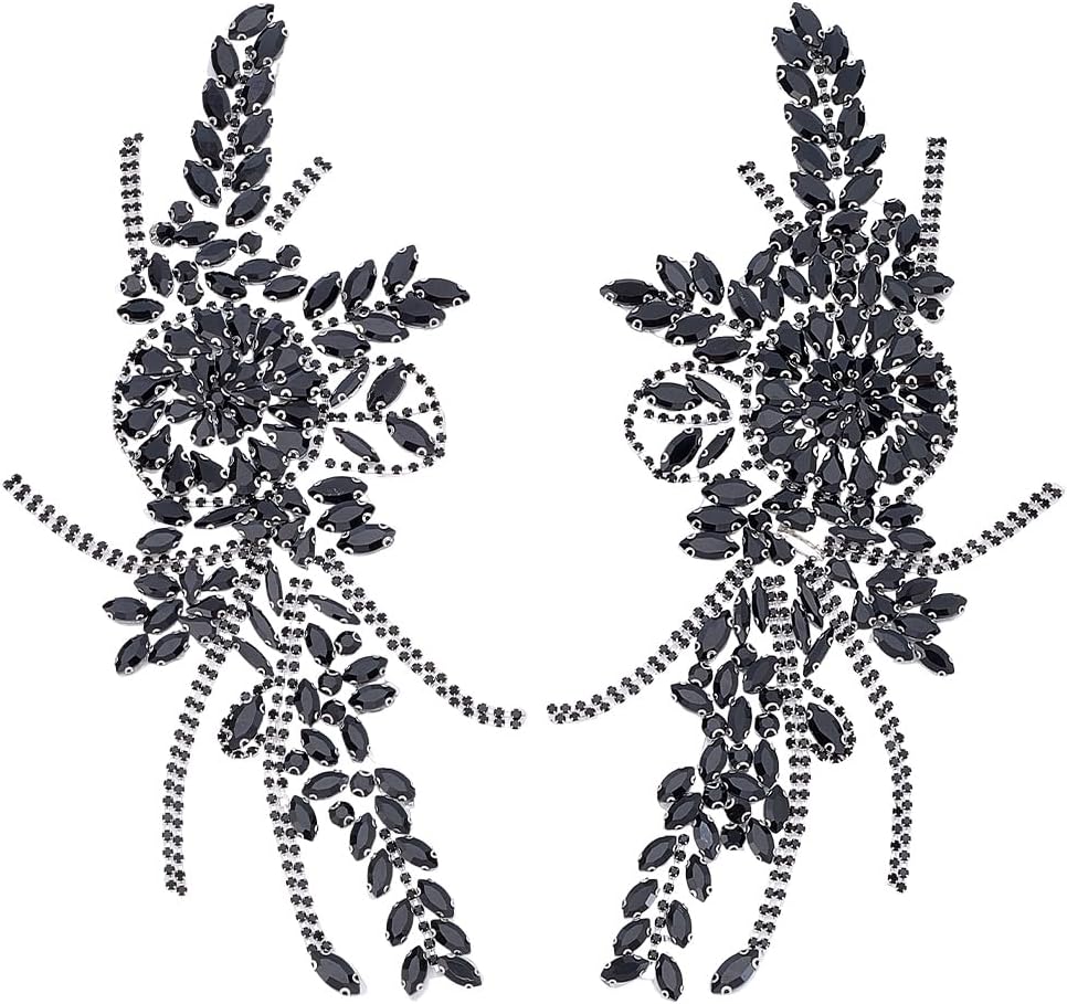 FINGERINSPIRE 2 Pack Rhinestone Iron on Patches 10.3x4.7x0.2Inch Beaded Applique Patches with Claw Set Design Silver Clear Rhinestone Flower Embellishment for Bridal Veil Attire Evening Gown Decor