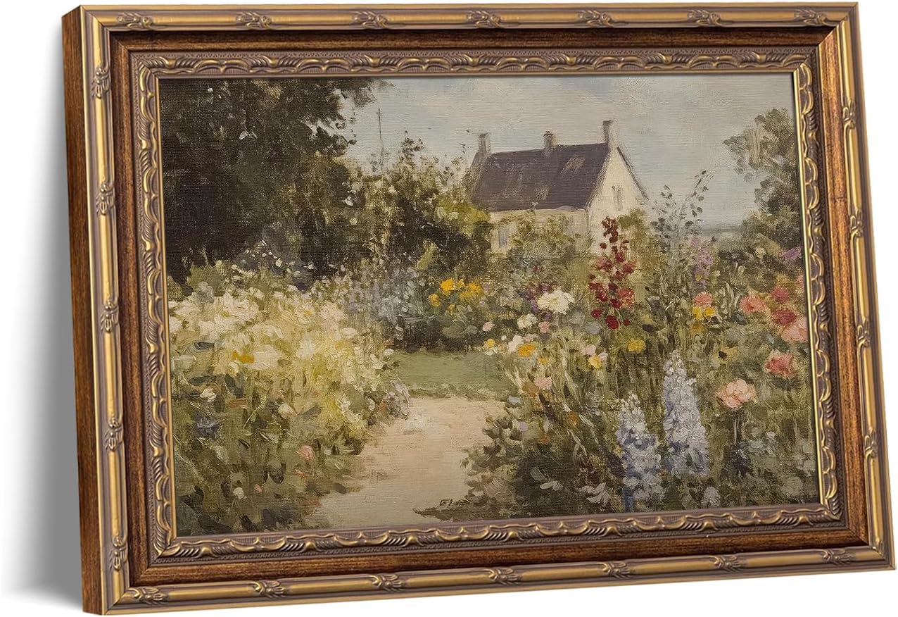 Vintage Cottagecore Framed Wall Art Country Garden Landscape Canvas Print, Moody Floral Path Oil Painting Rustic Farmhouse Decor for Living Room Bedroom Entryway 12x16 Inch