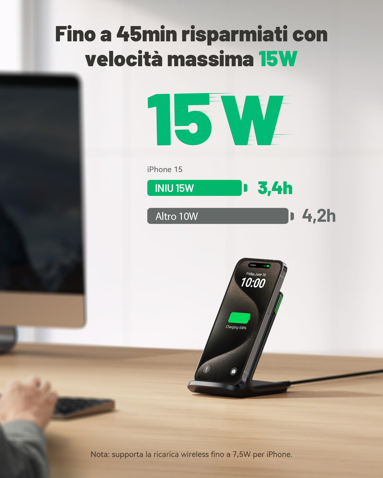 Caricatore Wireless, INIU 15W Certificato Qi Ricarica Rapida Wireless Phone Charger Holder Wireless Luce adattiv Supporto Telefono per iPhone 17 16 15 14 13 12 11 Pro Max Samsung Galaxy Google Pixel