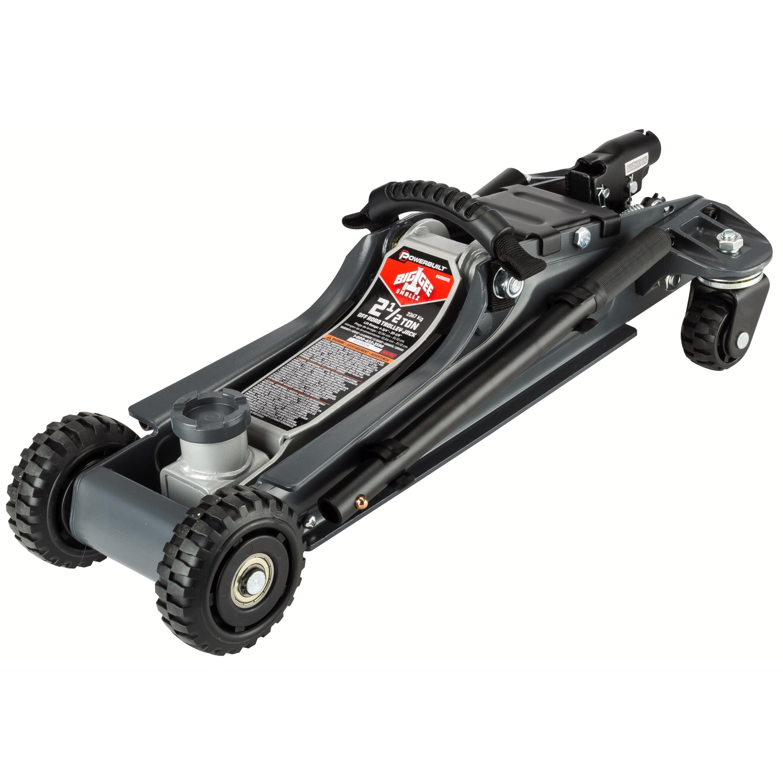 Powerbuilt Biggie Smalls 2.5-Ton Off-Road Trolley Jack with 4" Oversized Wheels, Saddle Extension, Integrated Handle Storage, Portable Design for SUVs, Trucks, and Off-Road Vehicles 620683ECE