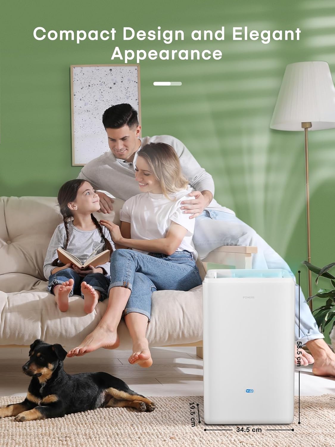 FOHERE Dehumidifier in a living room setting with dimensions