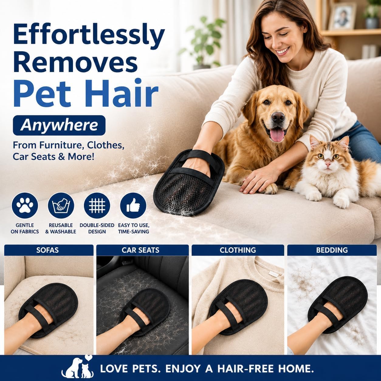 Pet Hair Remover Glove 2-Pack for Couch, Carpet, Bed & Clothing, Reusable Electrostatic Tool for Cat & Dog Hair image 2