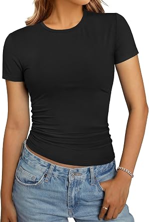 GKBK Womens Casual Basic Going Out Tops Slim Fit Short Sleeve T Shirts Summer Crew Neck Tight Crop Tops