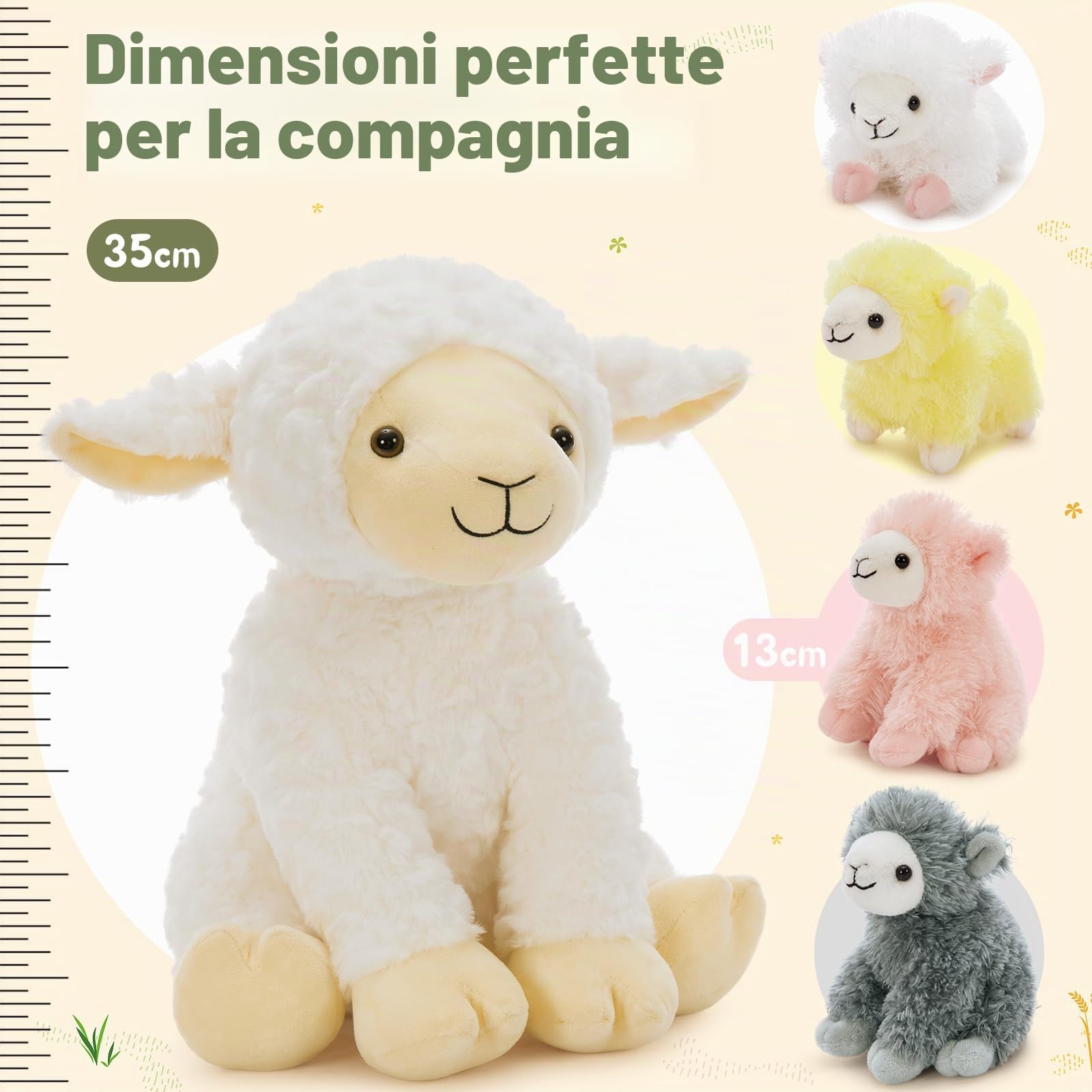 MorisMos Peluche a forma di pecora, XXL, con 4 agnello nella pancia, 35 cm, di peluche, per compleanno, Natale, per bambini e bambine