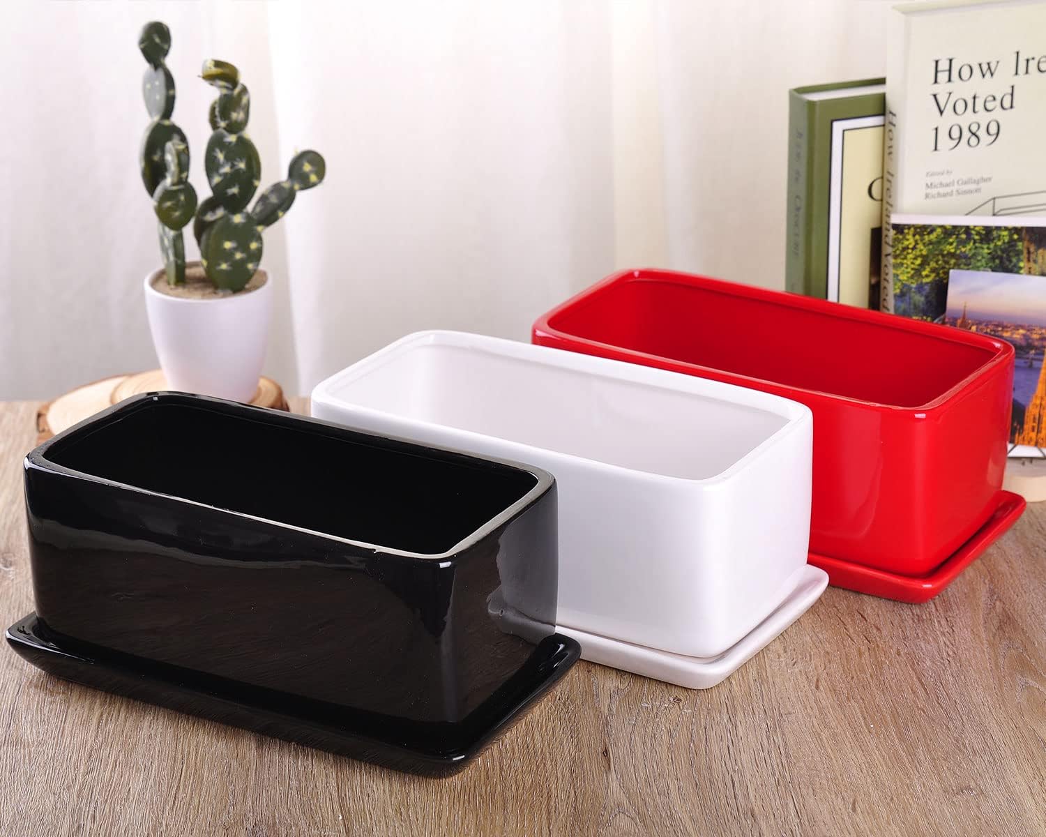 VanEnjoy 10 Inch Red Rectangle Ceramic Succulent Planter Pot Decorative Cactus Plant Pot Flower Container with Ceramic Tray