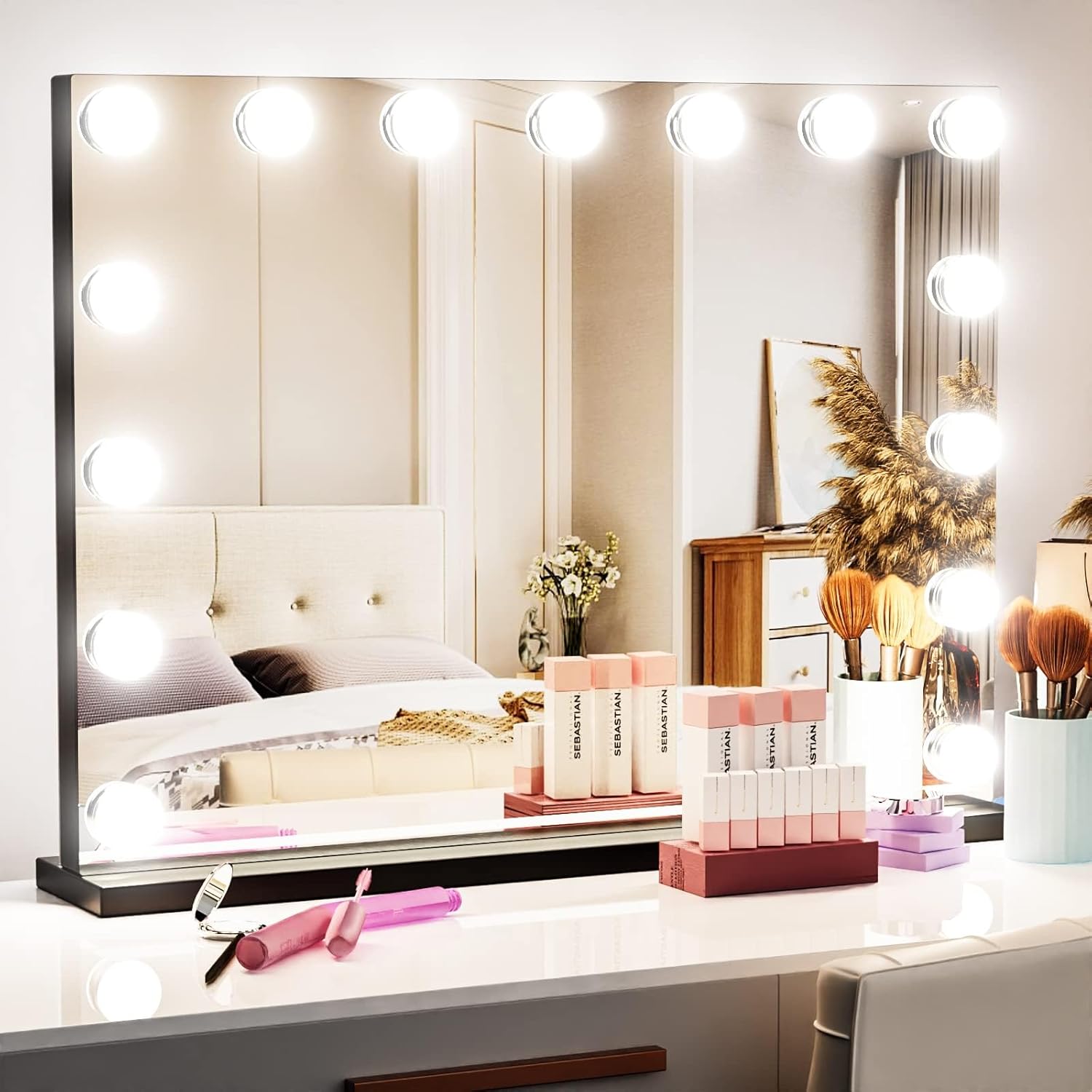 Vanity Mirror with Lights, 15 Dimmable LED Bulbs Large Hollyhood Makeup Mirror, Light up Mirror with 10X Magnification and USB Charging Port, Smart Touch 3 Colors, Metal Frame 15 Bulbs Black 22.8WX18.2H