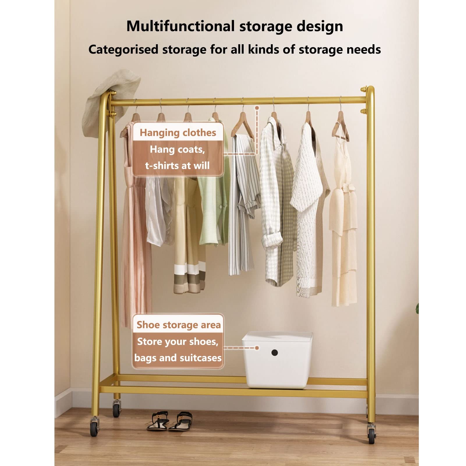 Heavy Du Metal - Appendiabiti multifunzione autoportante Hanr con ruote, asta superiore e ripiano inferiore per un facile spostamento, carrello appendiabiti bianco da 120 cm per camera da letto nizat