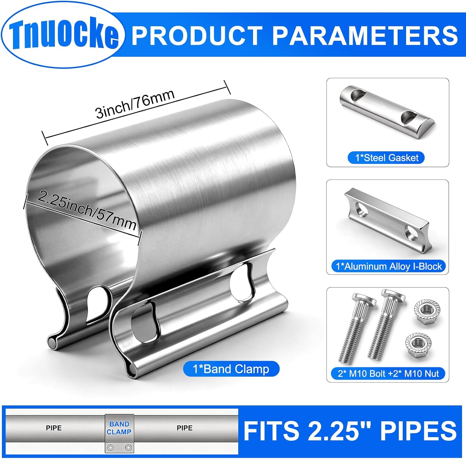 2.25" Butt Joint Band Seal Clamp Sleeve, 57mm Stainless Steel Exhaust Sleeve Band for Pipe, Muffler, Manifolds, Coupler H-031-57