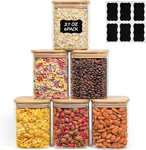 ComSaf 800ml Glass Food Storage Jars Set of 6, Clear Storage Containers with Airtight Bamboo Lid, Pantry Organization Jar, Spice, Blooming Tea, Coffee and Sugar Container, Canister Set for Kitchen