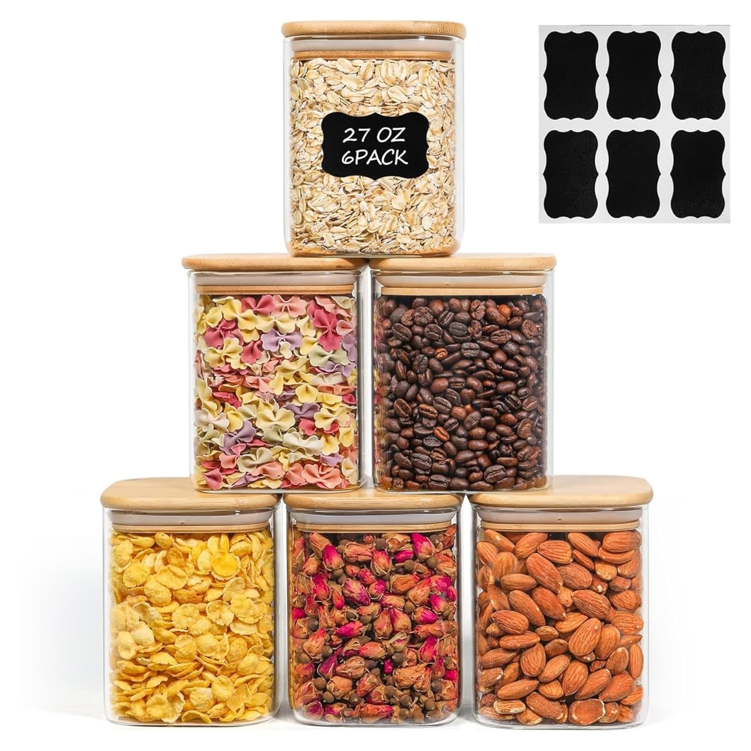 ComSaf 0.8 Qt Glass Food Storage Jars Set of 6, Clear Storage Containers with Airtight Lids, Pantry Organization Jar, Spice Jar, Blooming Tea, Oat, Coffee and Sugar Container, Canister Set for Kitchen