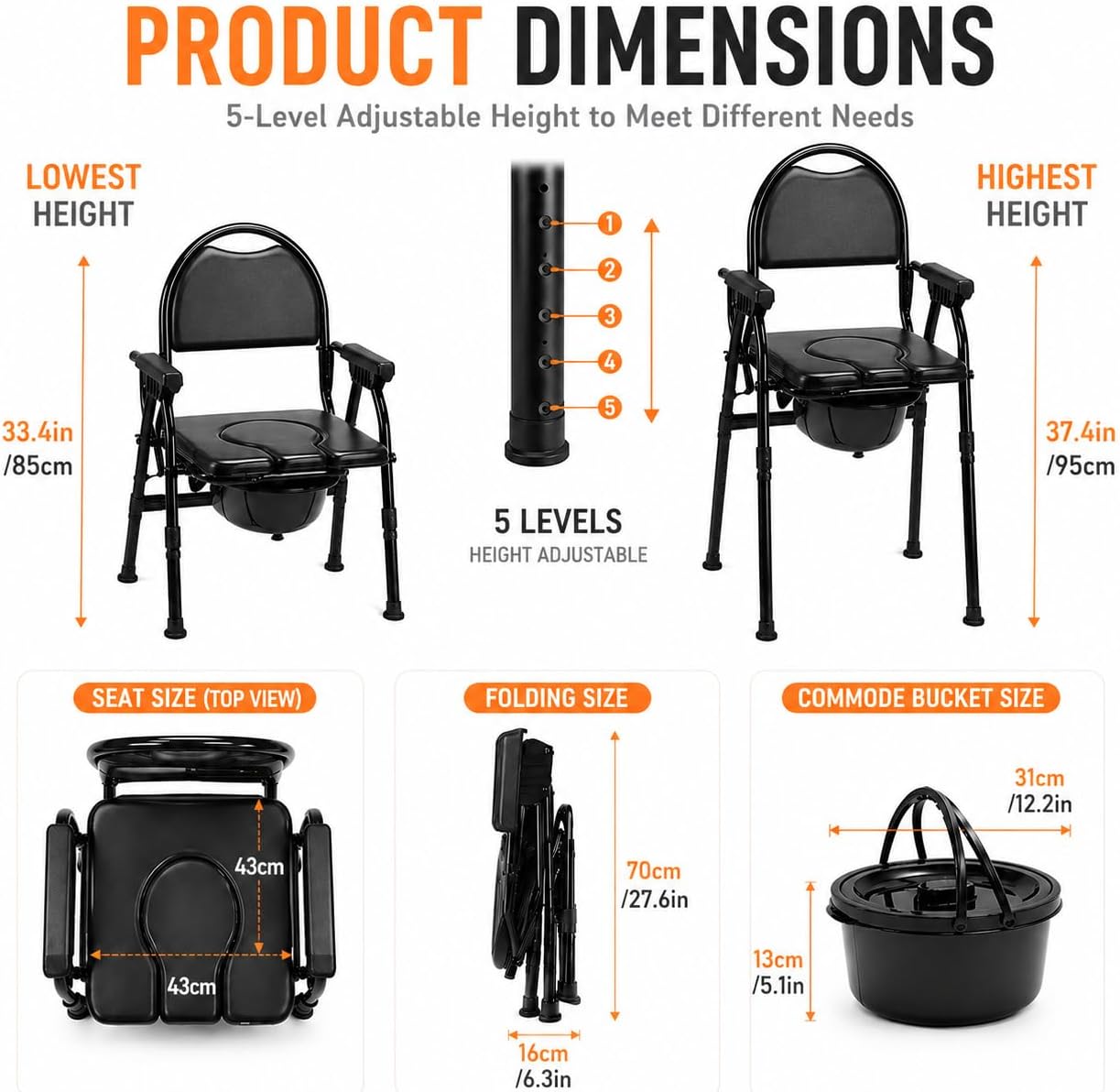 4-in-1 Folding Bedside Commode Chair with Seat Cover, Tool-Free Assembly Portable Toilet for Adults, Adjustable Height Bedside Commode for Seniors with Handles, 330lbs Support (Black)