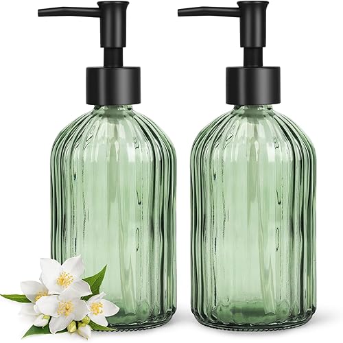 Paquete de 2 dispensadores de jabón de vidrio con bomba de plástico, botellas dispensadoras de jabón líquido recargables de 13.5 fl oz/13.5 oz para