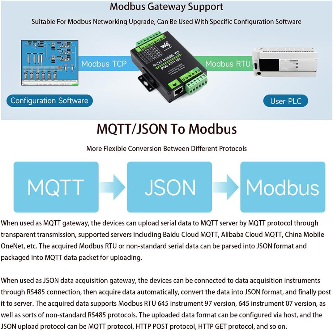 4-Ch RS485 to RJ45 Ethernet with POE Serial Server Adapter Industrial Isolated Serial Module, 4-CH Independent RS485, Support Modbus Gateway/MQTT/JSON, Bi-Directional Transparent Transmission