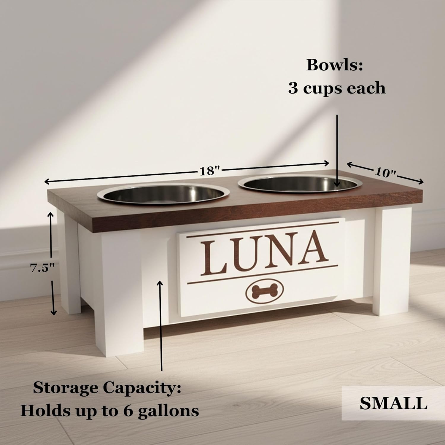 GTW Elevated Dog Bowl Stand for Small Dogs - Customized Feeding Station with Storage & Stainless Steel Food Bowls (Small, Grey)